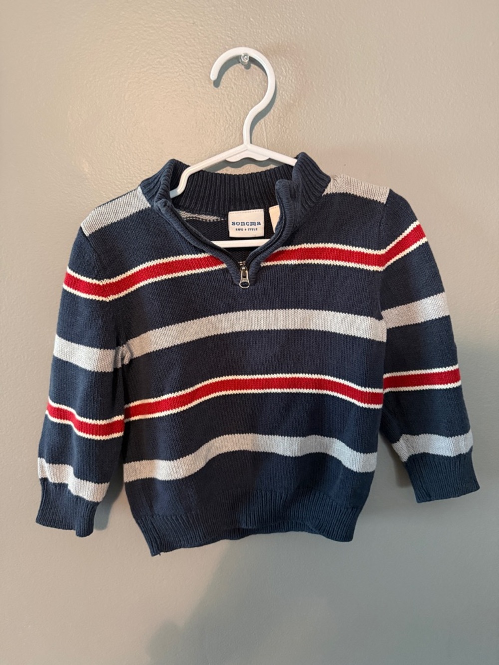 Sonoma Navy Sweater with Red and Gray Stripes